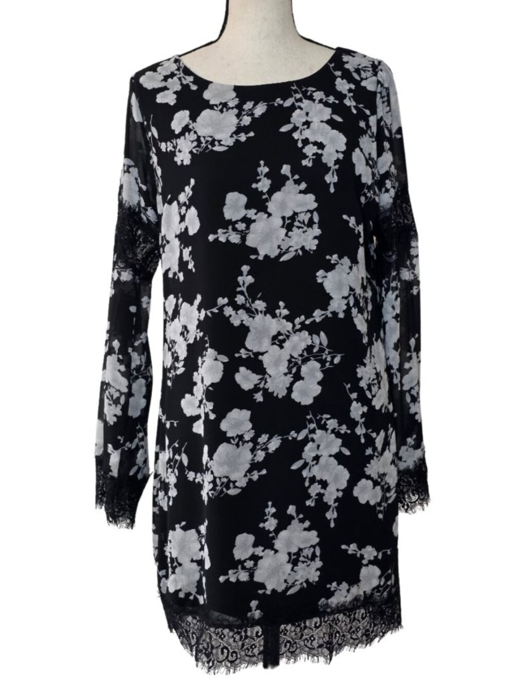 Three Hearts Black Floral Lace Trim Shift Dress Sheer Long Sleeve Size Small